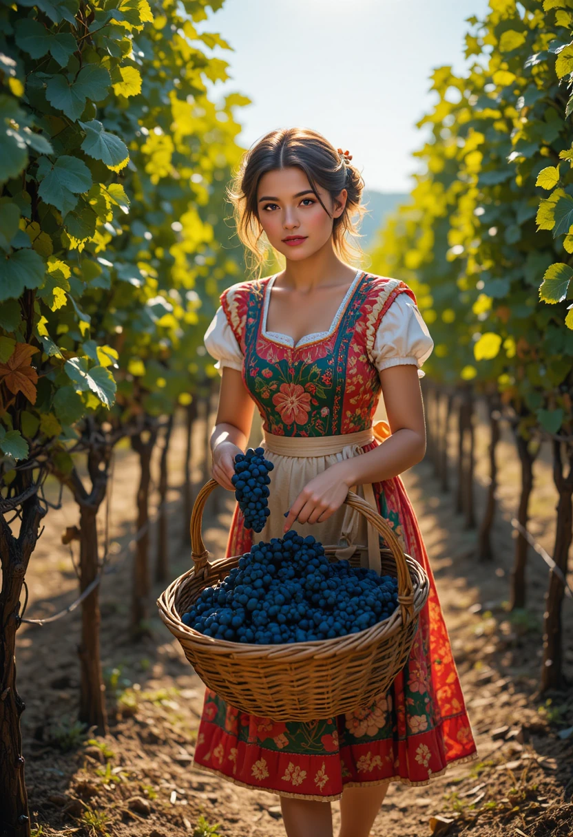 Mujer italiana cosechando uvas en un viñedo bañado por el sol