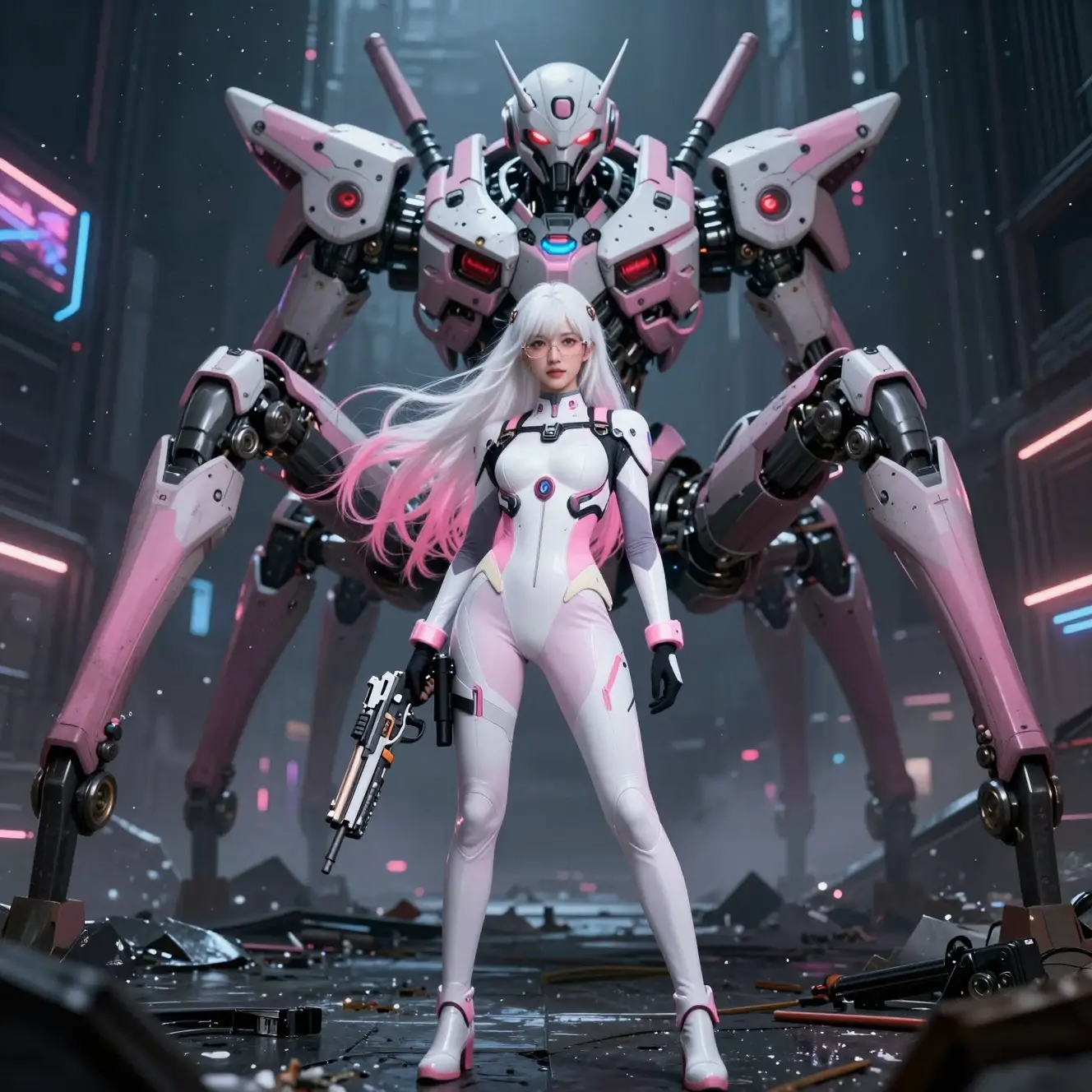 Mujer futurista armada con armadura blanca frente a un robot