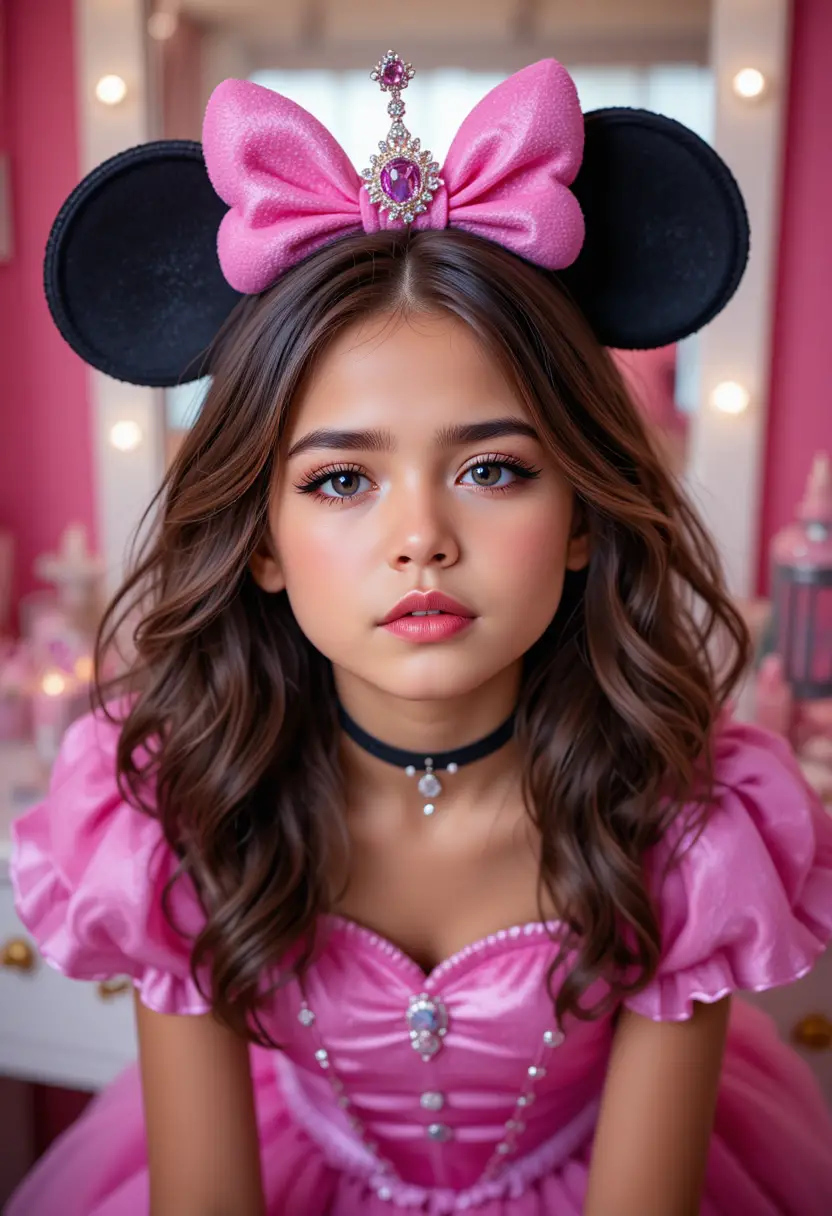 Jeune garçon en costume de princesse posant devant la coiffeuse de la chambre