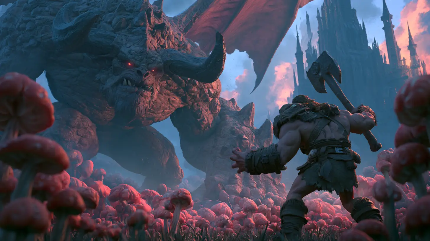 Barbarenkrieger kämpft in 3D-Fantasy gegen einen geflügelten Dämon