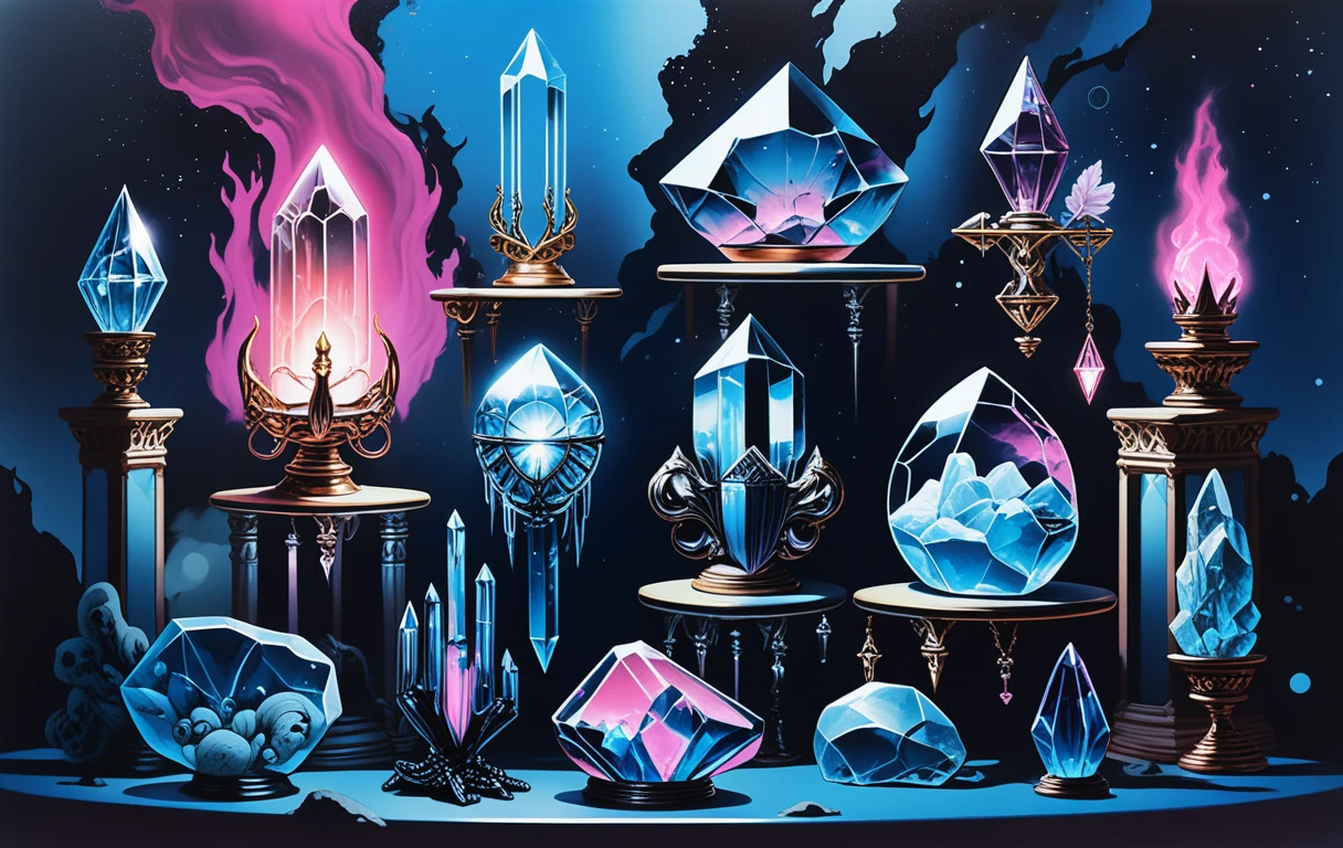 Ornate crystal relic display in neon line art style