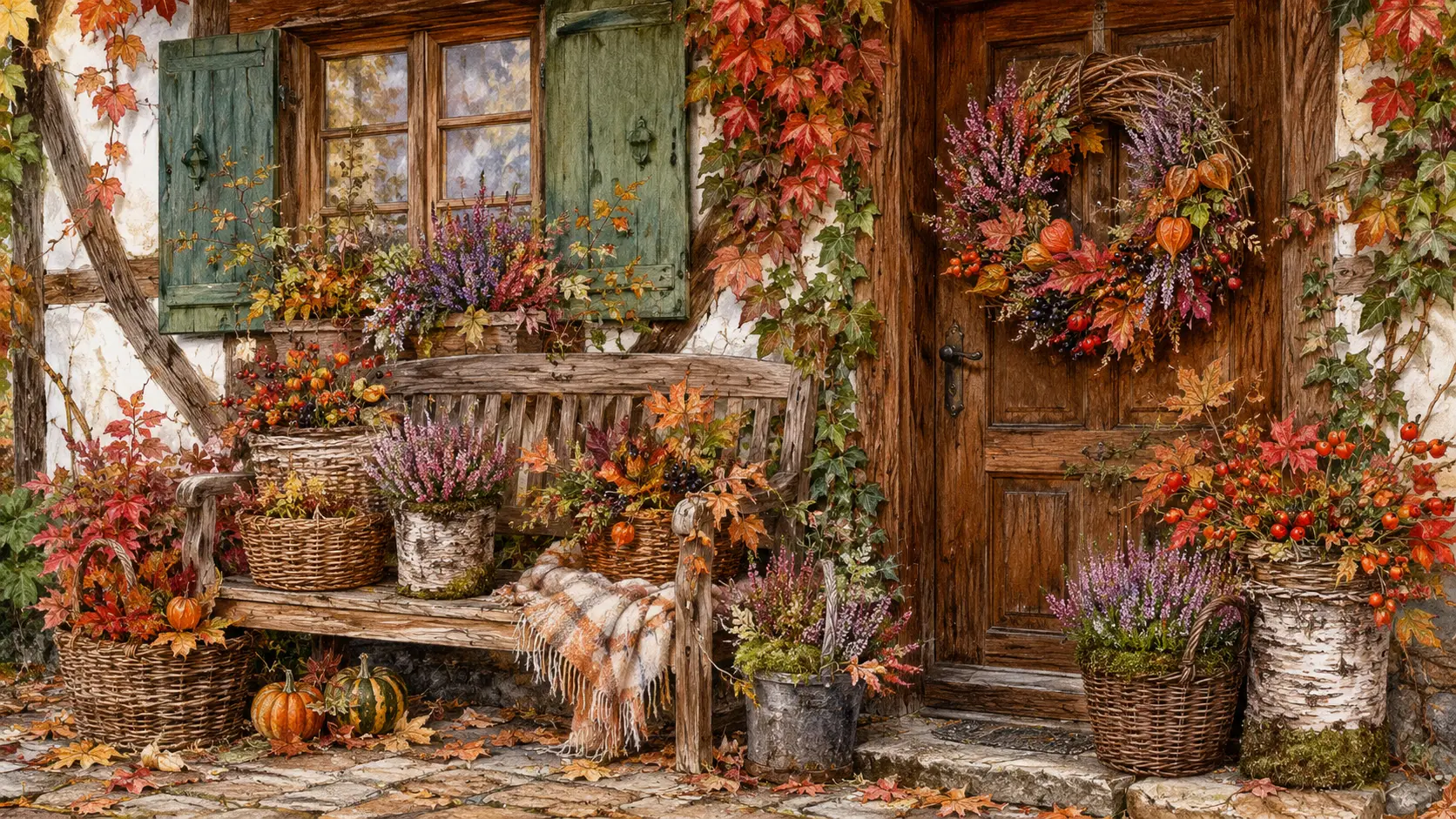 Herbstdekoration am Eingang eines Fachwerkhauses
