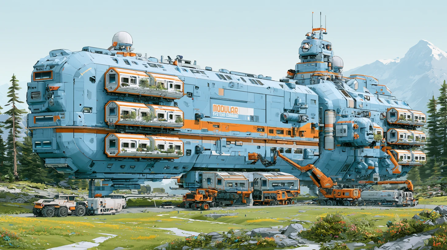 Modular colony starship deploying habitats on a green world