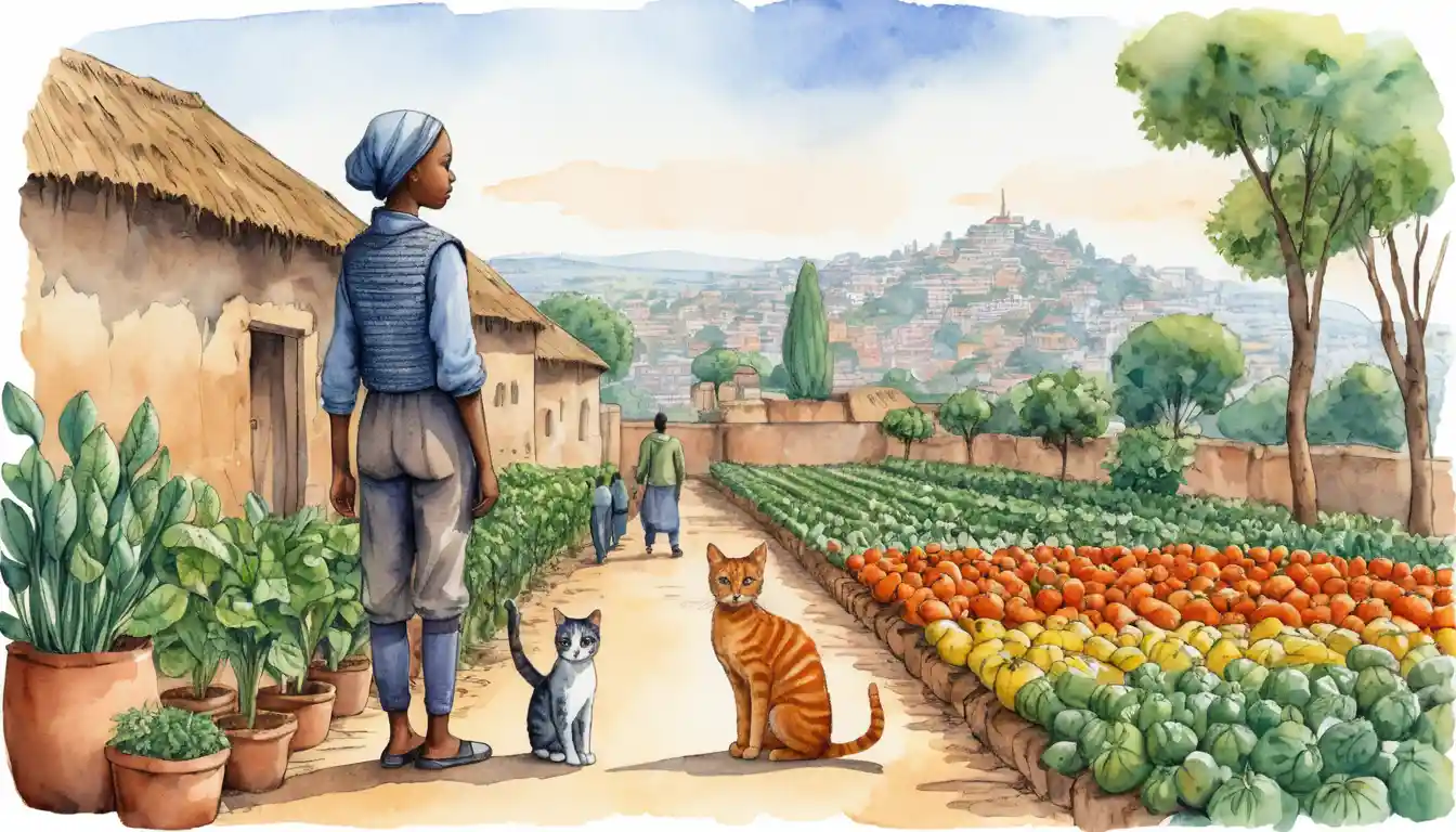 Avô africano cuidando de uma aconchegante horta em aquarela