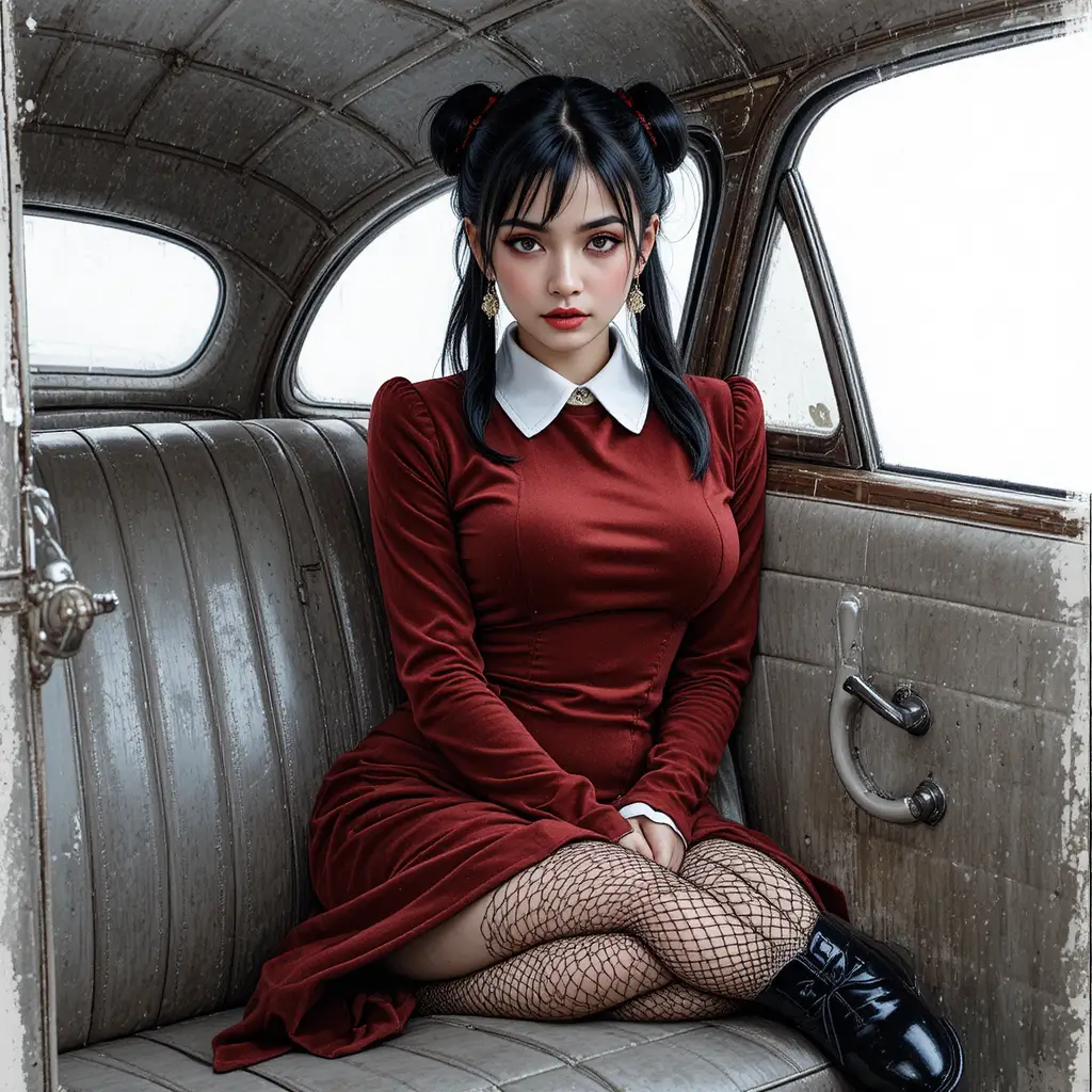 Jeune fille en robe rouge assise dans l’habitacle d’une voiture vintage