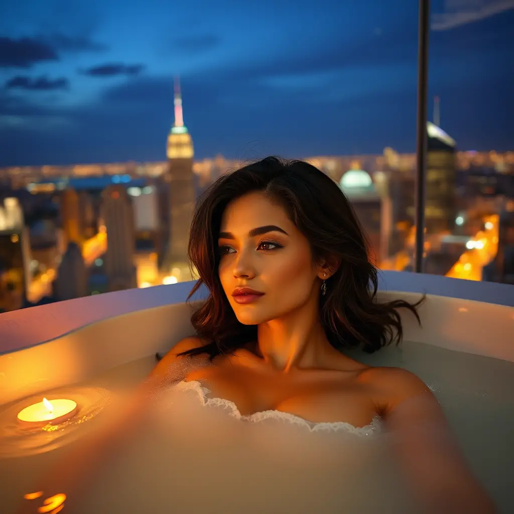 Mujer relajándose en un jacuzzi iluminado con velas sobre la ciudad