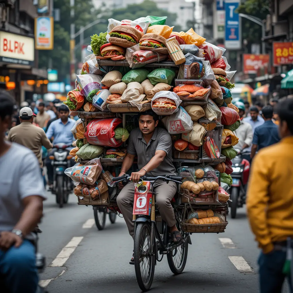 Repartidor en bicicleta sobrecargada en el denso tráfico de Mumbai