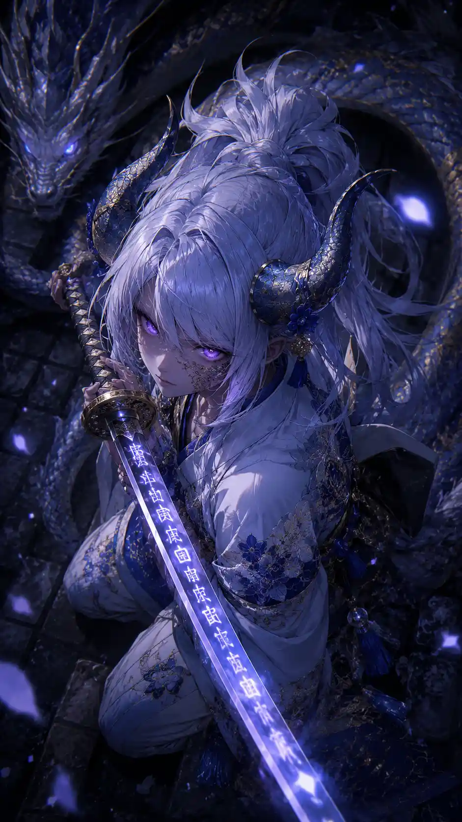 Guerreira samurai dragão em anime com katana brilhante