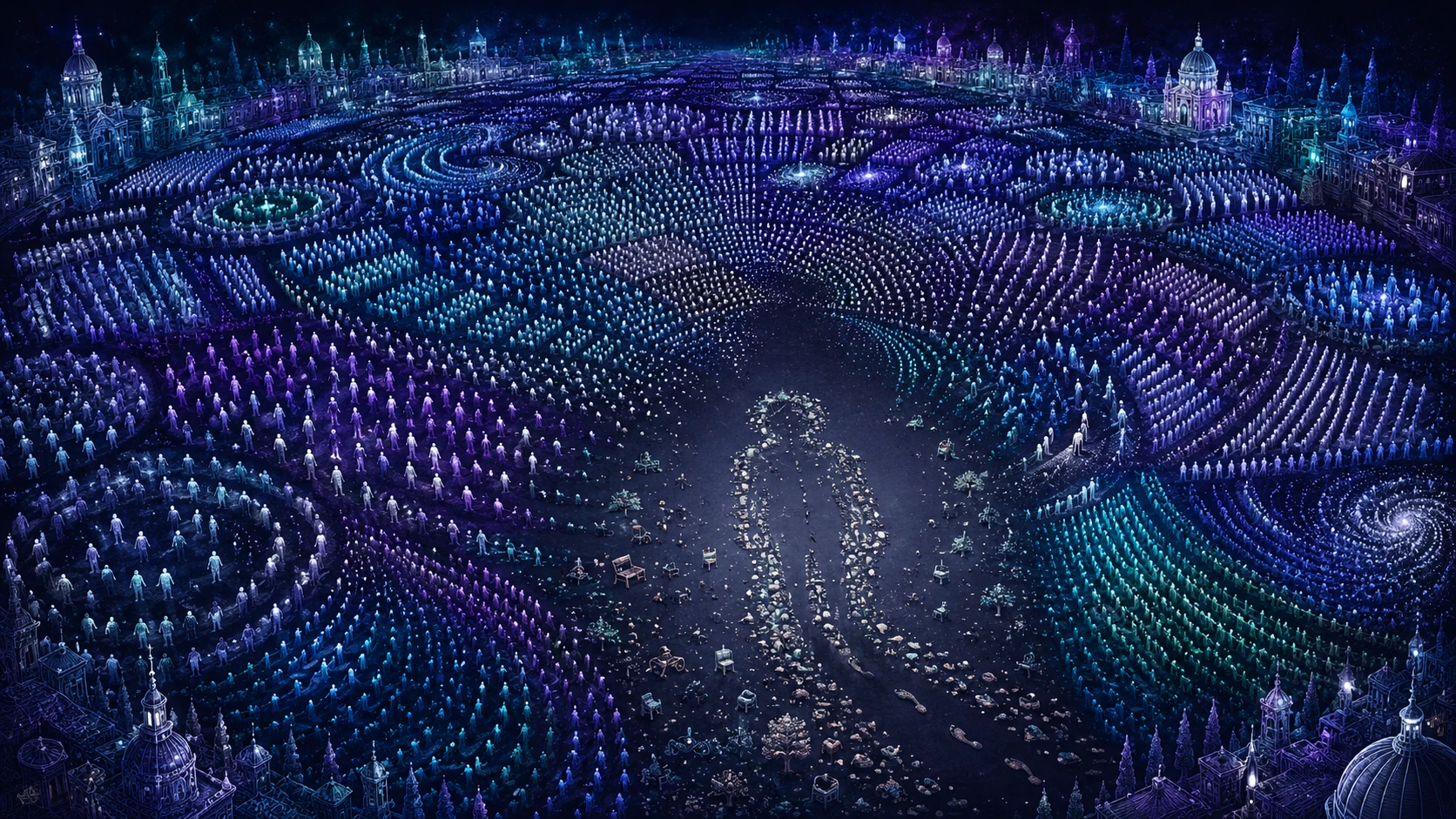 Champ surréaliste de silhouettes humaines lumineuses dans des motifs de données