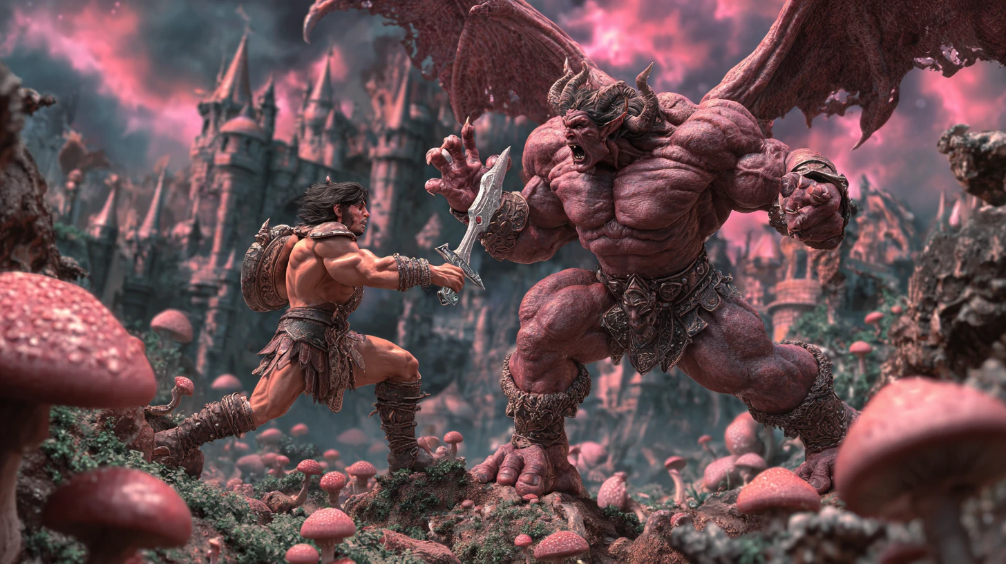 Barbarian battling winged demon before a dark fantasy castle
