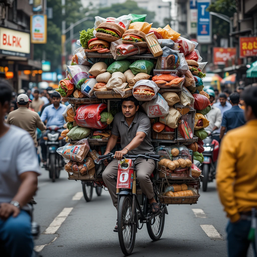Überladener Fahrradkurier im dichten Stadtverkehr von Mumbai