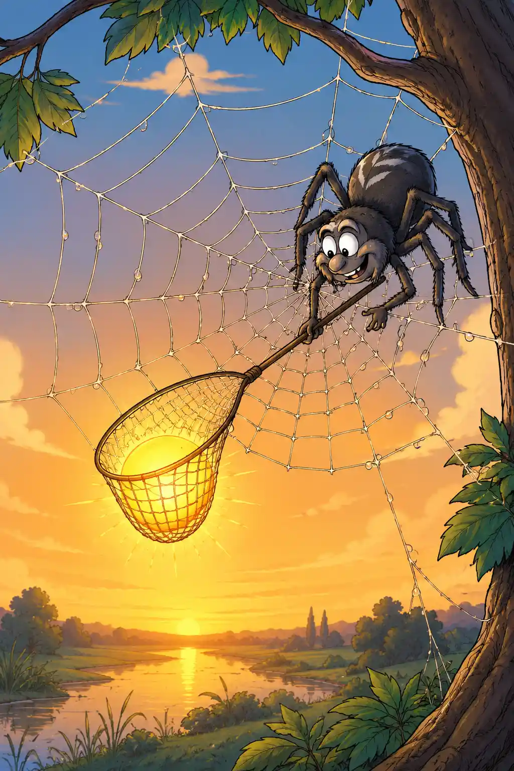 Aranha divertida em desenho animado pegando o sol em sua teia