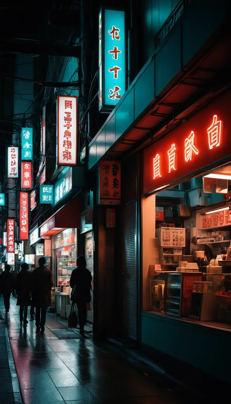 Óptica japonesa iluminada con neón en una calle de la ciudad de noche