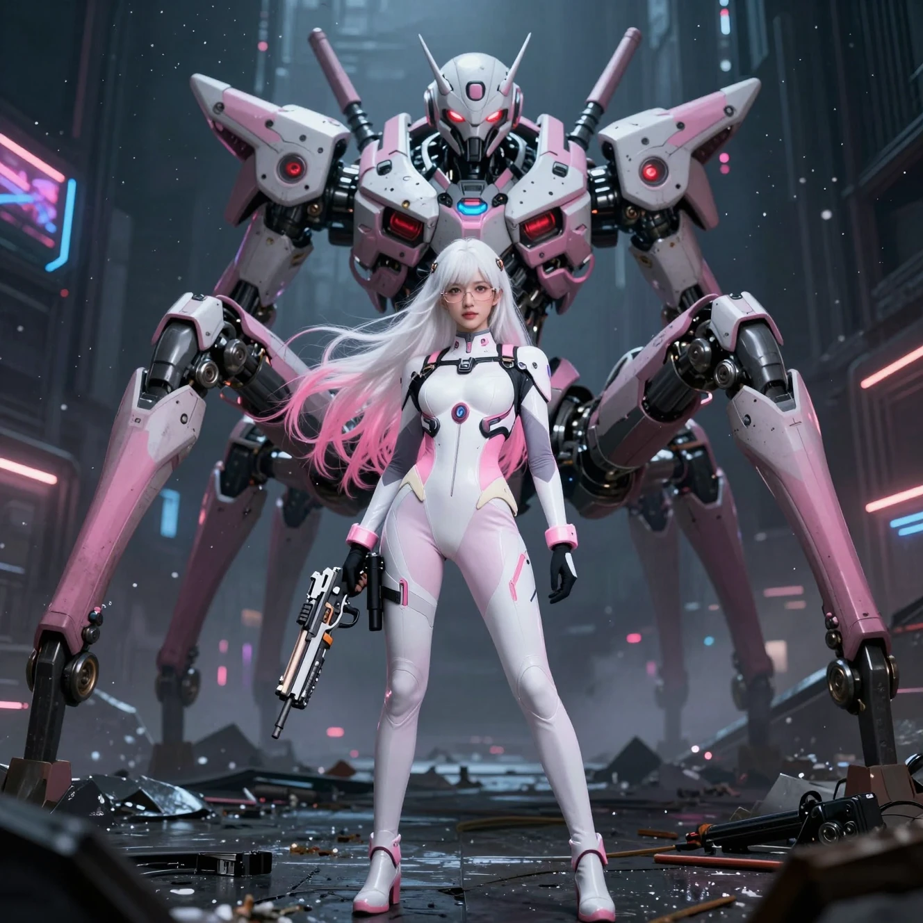 ロボットの前に立つ白い装甲の未来的な武装女性