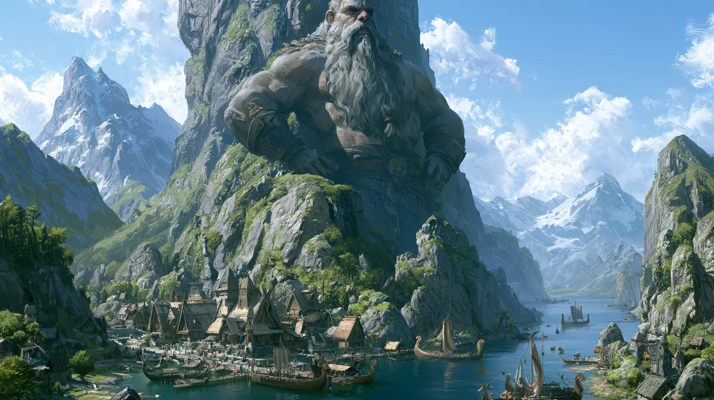 Colossal Odin Overlooking A Mountain Viking Village