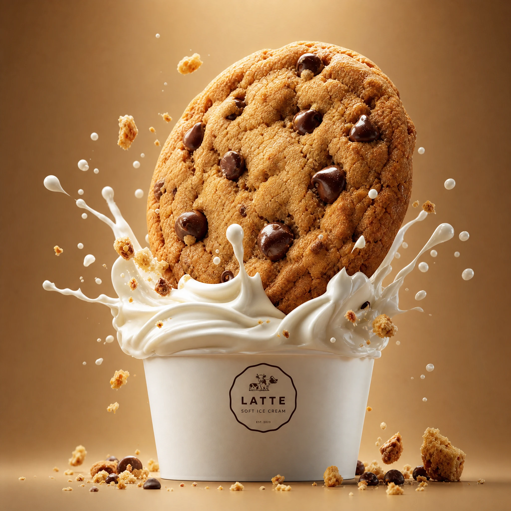 Géant cookie 3D aux pépites de chocolat flottant sur fond chaud