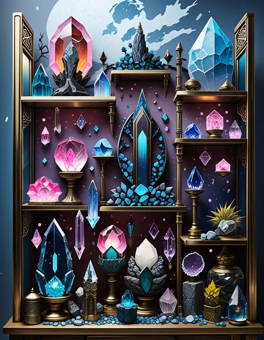 Crystal relic display concept with neon pink and blue glow
