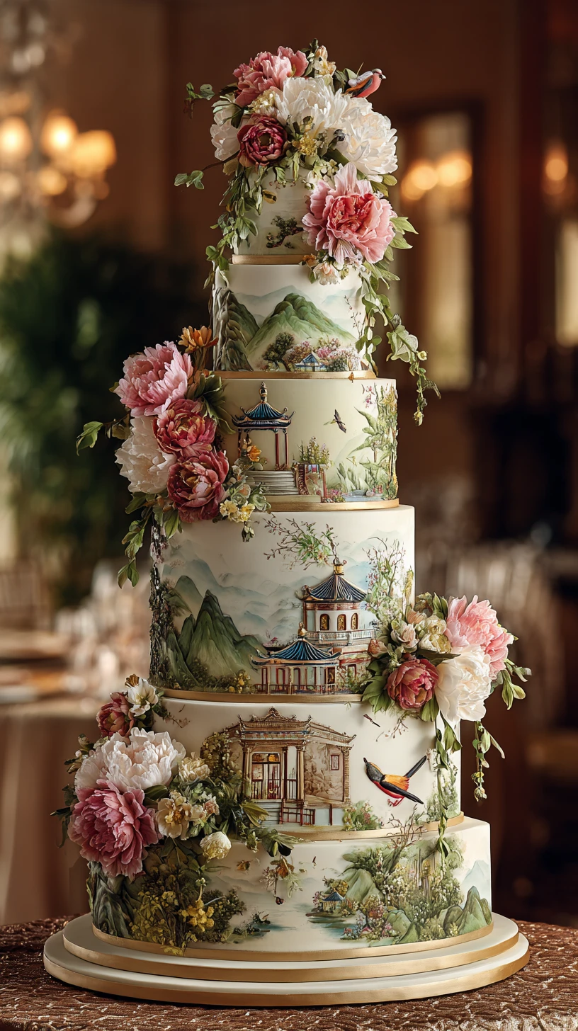 Mehrstöckige Hochzeitstorte mit Chinoiserie-Kunst und Zuckerblumen