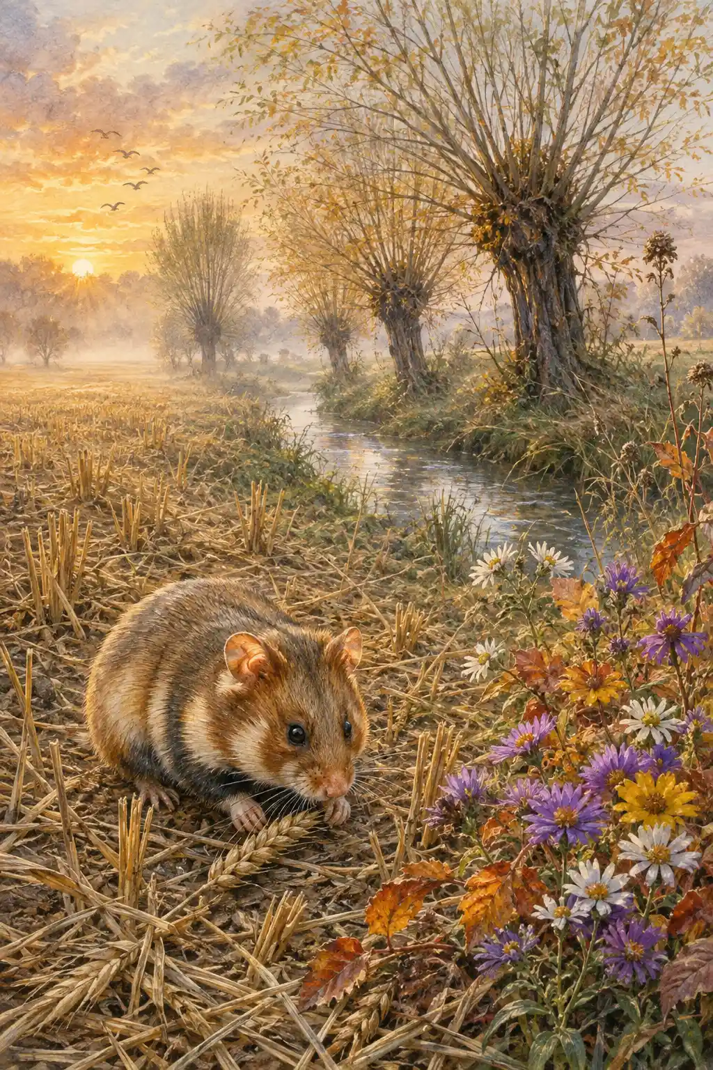 Hamster em um campo outonal com neblina – ilustração em aquarela
