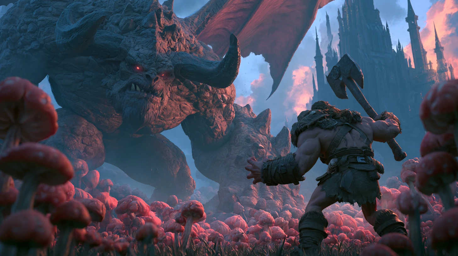 Barbarenkrieger kämpft in 3D-Fantasy gegen einen geflügelten Dämon