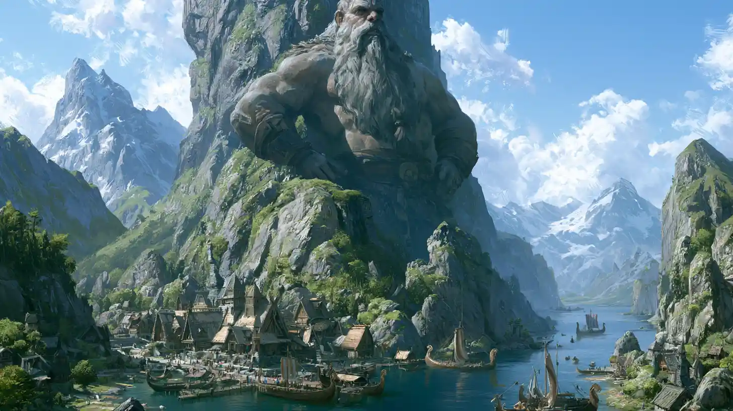 Colossal Odin Overlooking A Mountain Viking Village