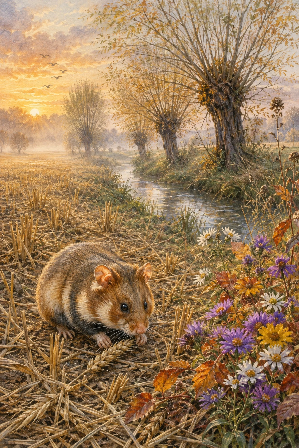 Hámster en un campo otoñal con niebla – ilustración en acuarela