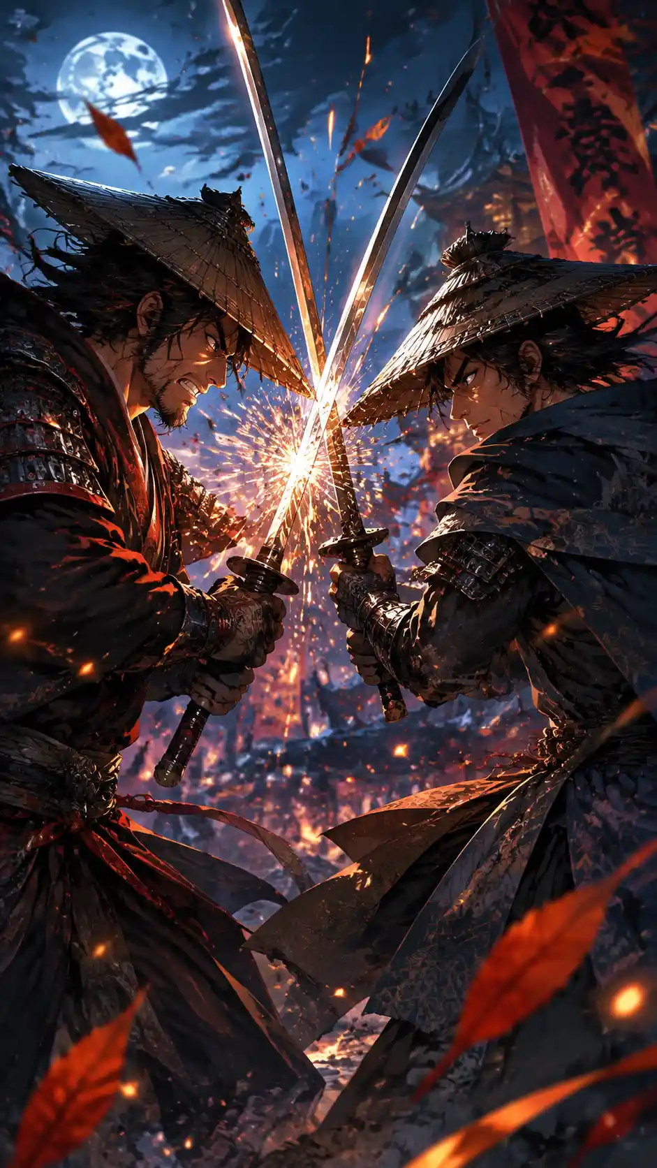Dois samurais se enfrentam em um dramático duelo de espadas em contra-plongée