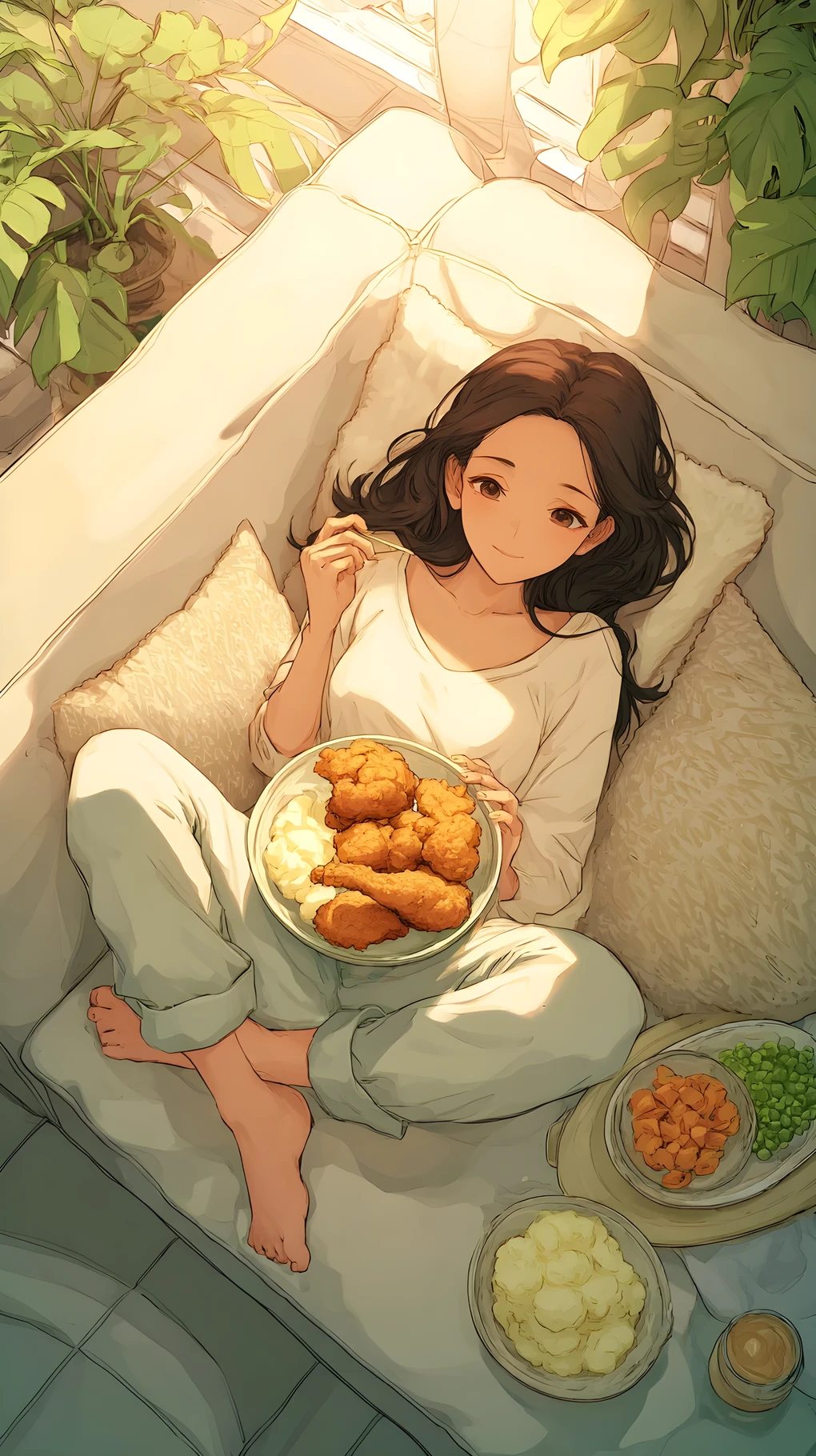 Mujer relajándose en el sofá mientras disfruta una comida de pollo frito
