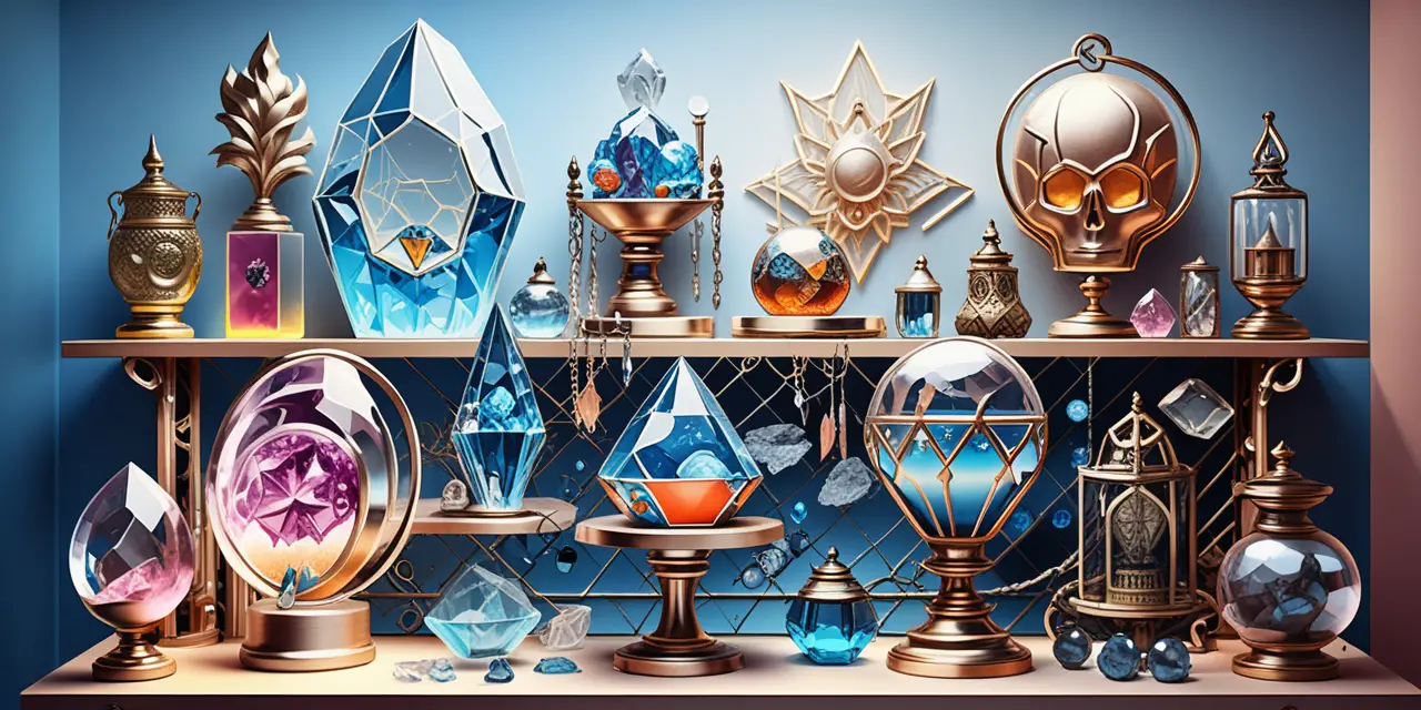 Crystal relic displayed in ornate neon line art scene
