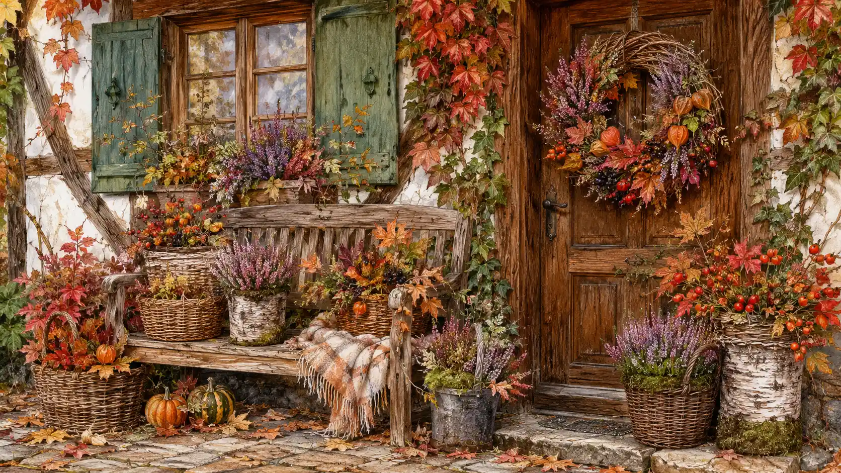 Decoração de outono na entrada de uma casa enxaimel