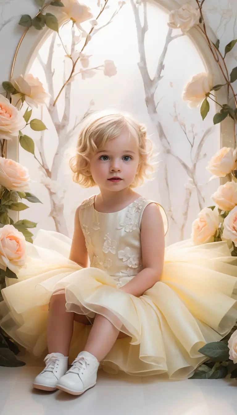 Tout-petit avec Ourson parmi des Roses en Organza Pastel