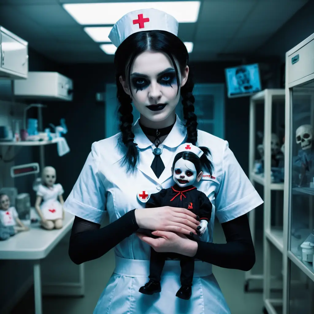 Gothic-Krankenschwester im neonbeleuchteten Notaufnahmezimmer mit Patientenpuppe