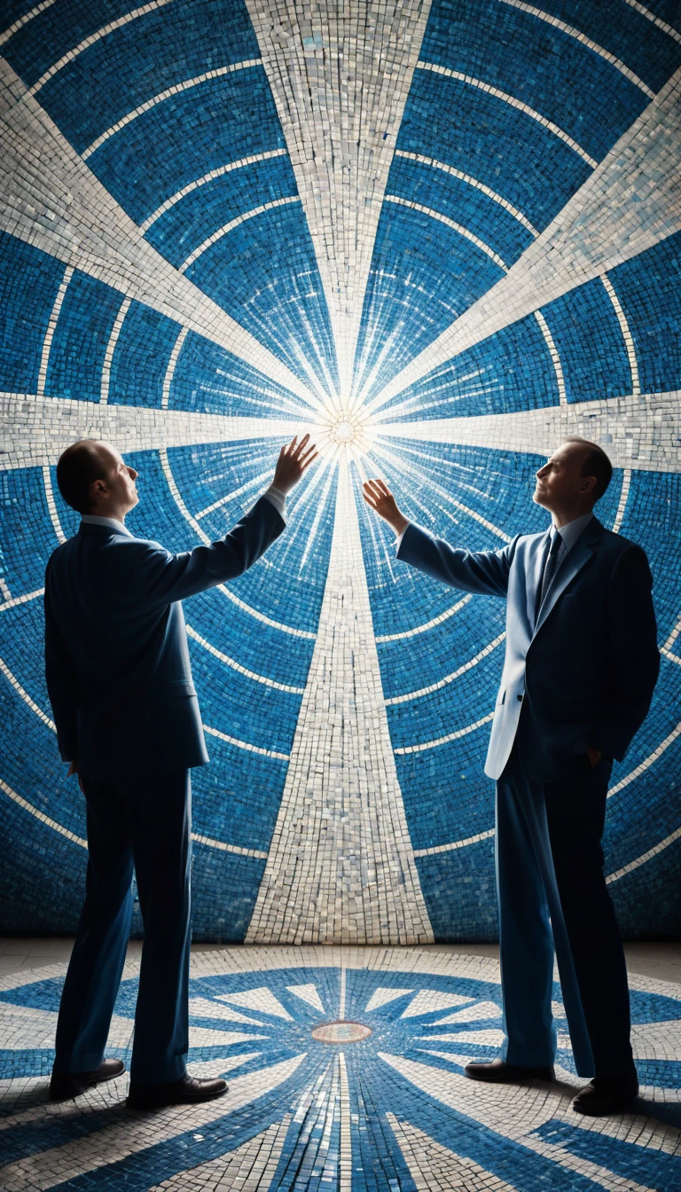 Dos hombres canalizan energía hacia un mosaico de átomo central brillante