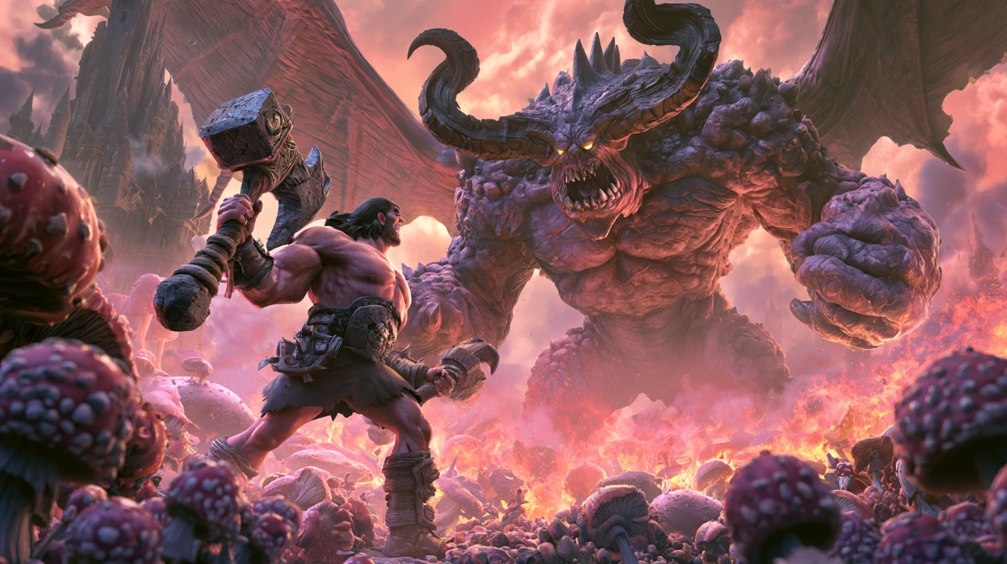 Barbarian warrior battling a winged demon before a dark castle