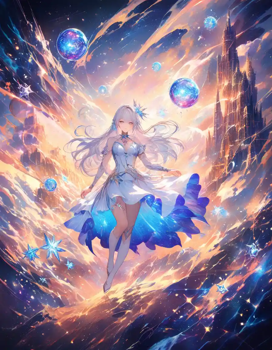 Ethereal cosmic girl drifting through luminous distant galaxies