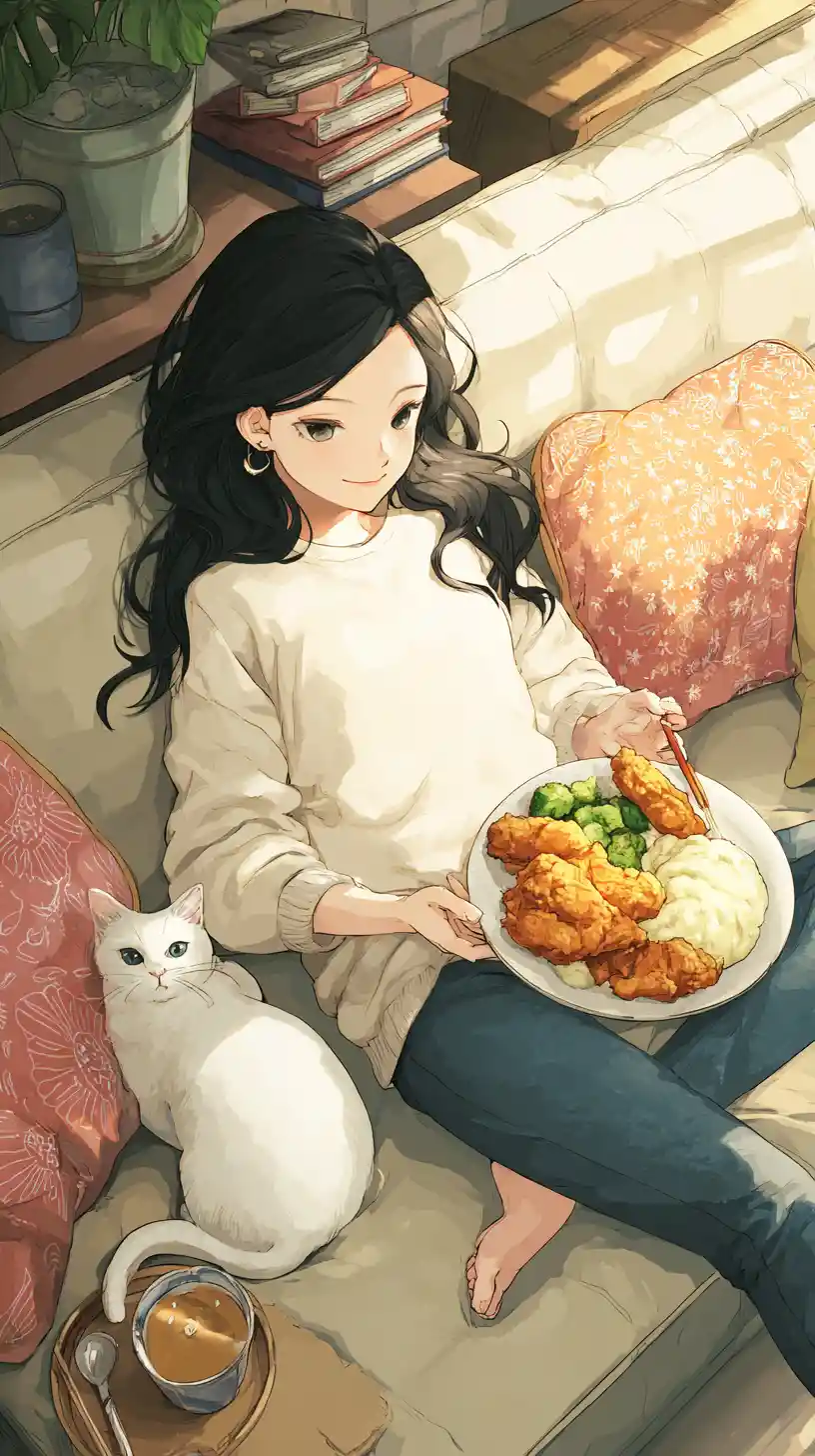 Woman relaxing on sofa enjoying fried chicken dinner