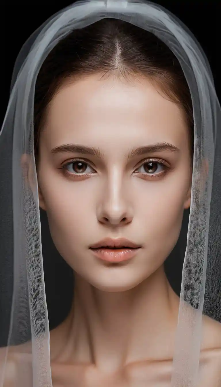 Close minimalista de mulher velada com lábios prateados