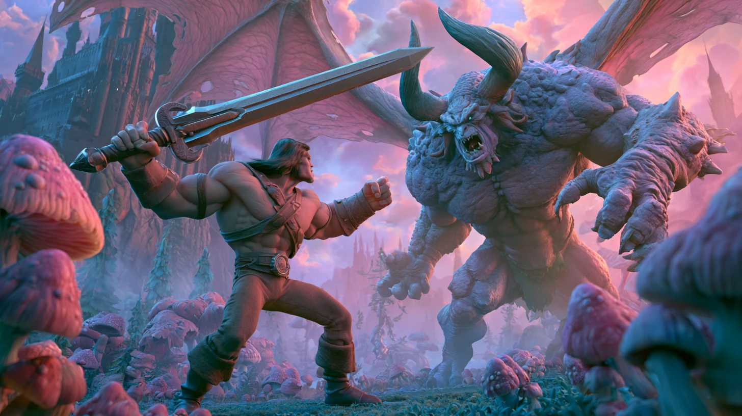 Barbarischer Krieger kämpft gegen einen riesigen geflügelten Dämon in 3D-Fantasy