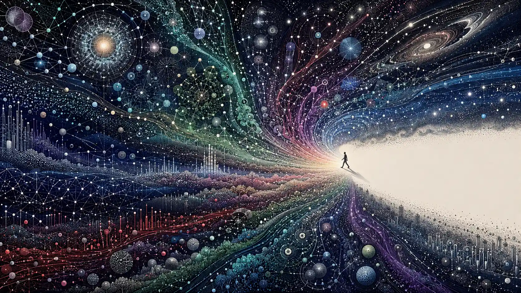 Minúsculo humano diante de um imenso universo cósmico analítico