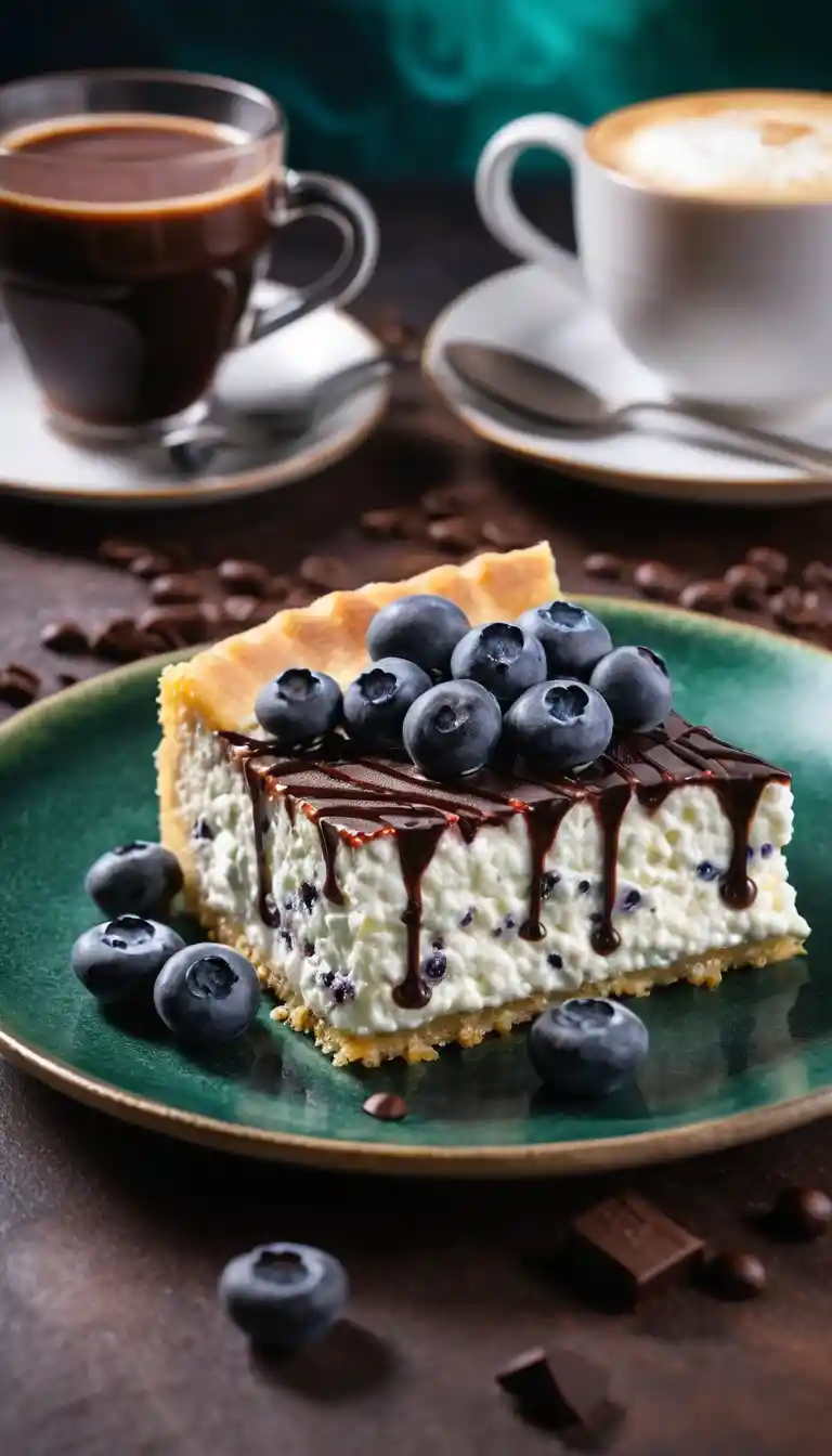 Fatia de cheesecake de cottage com mirtilos e calda de chocolate
