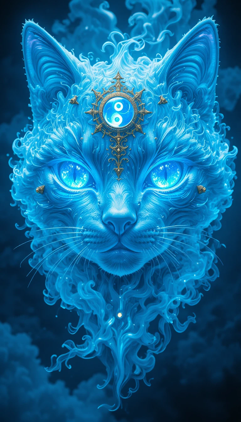 Cabeça espectral de espírito de gato azul com olhos cianos brilhantes