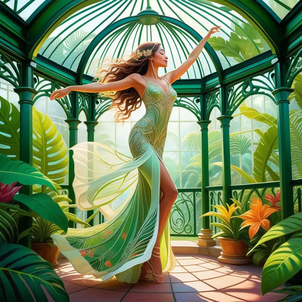 Femme dansant dans un kiosque-serre art nouveau