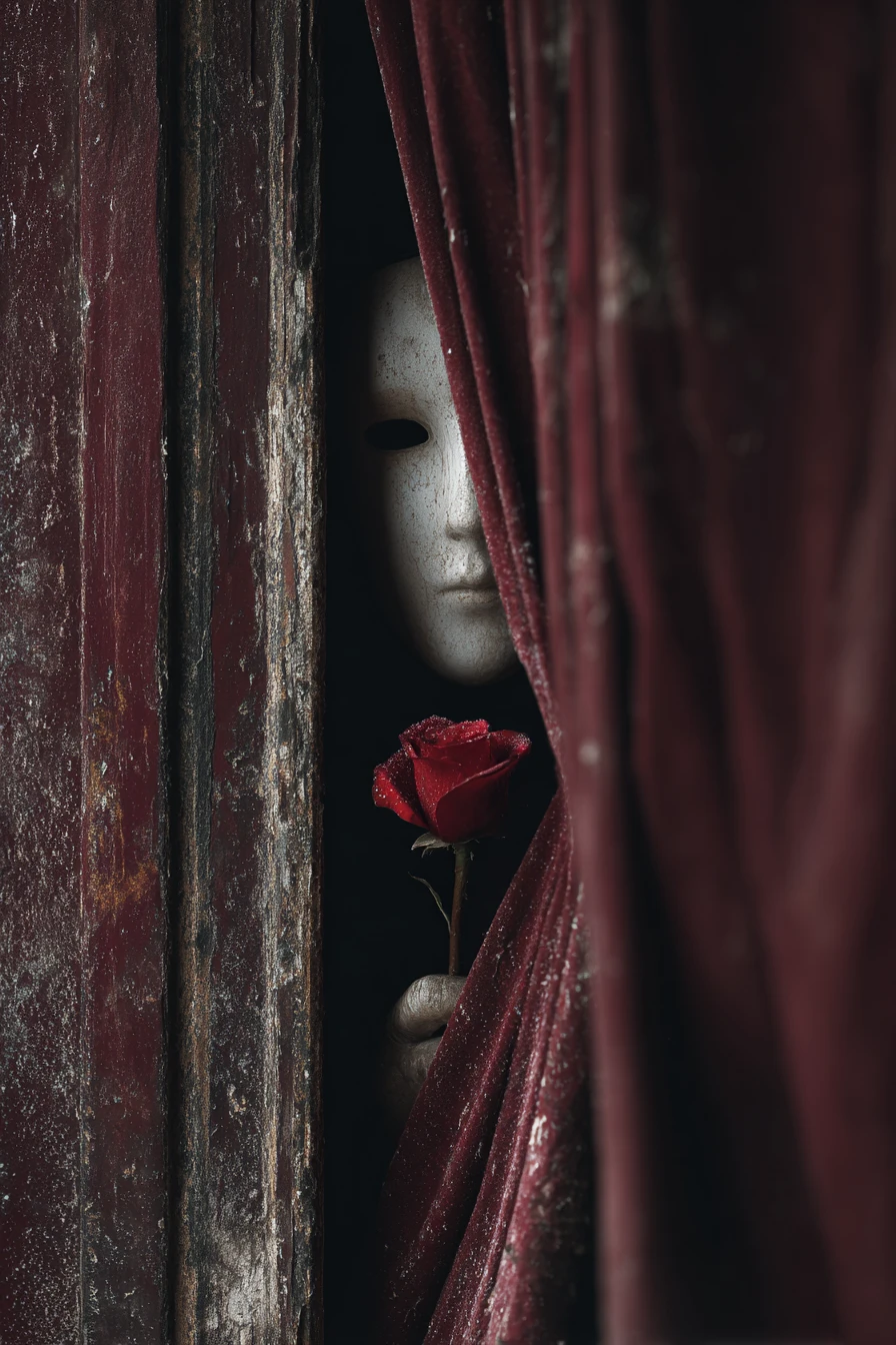 Figura fantasmagórica atrás de cortina bordô segurando uma rosa vermelha
