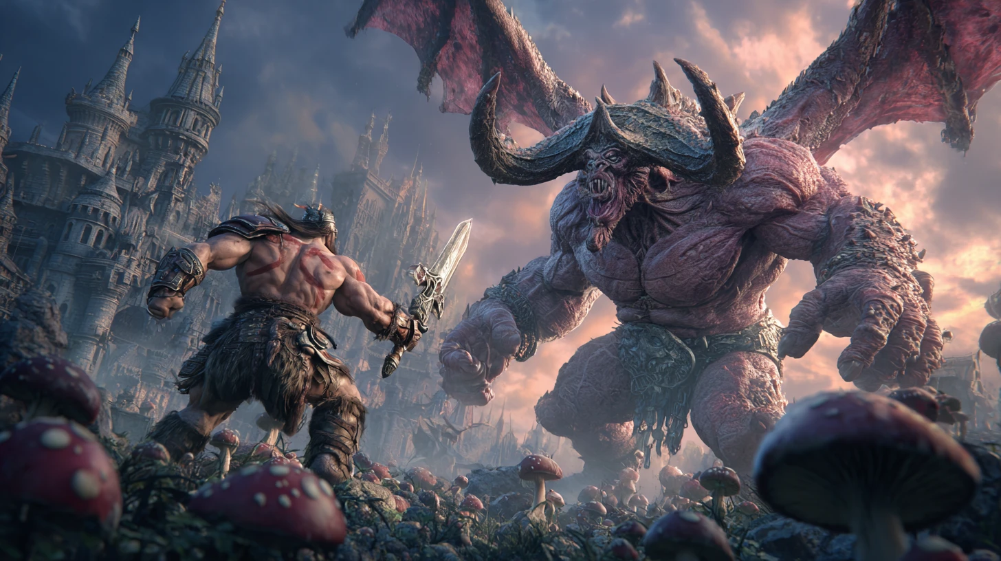 Barbarian Warrior Battles Giant Winged Demon In Fantasy Scene