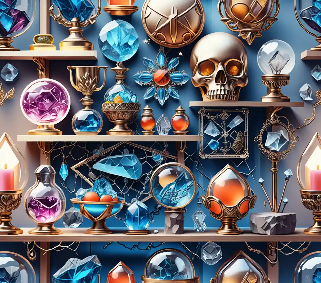Ornate crystal relic displayed with neon witchy line art