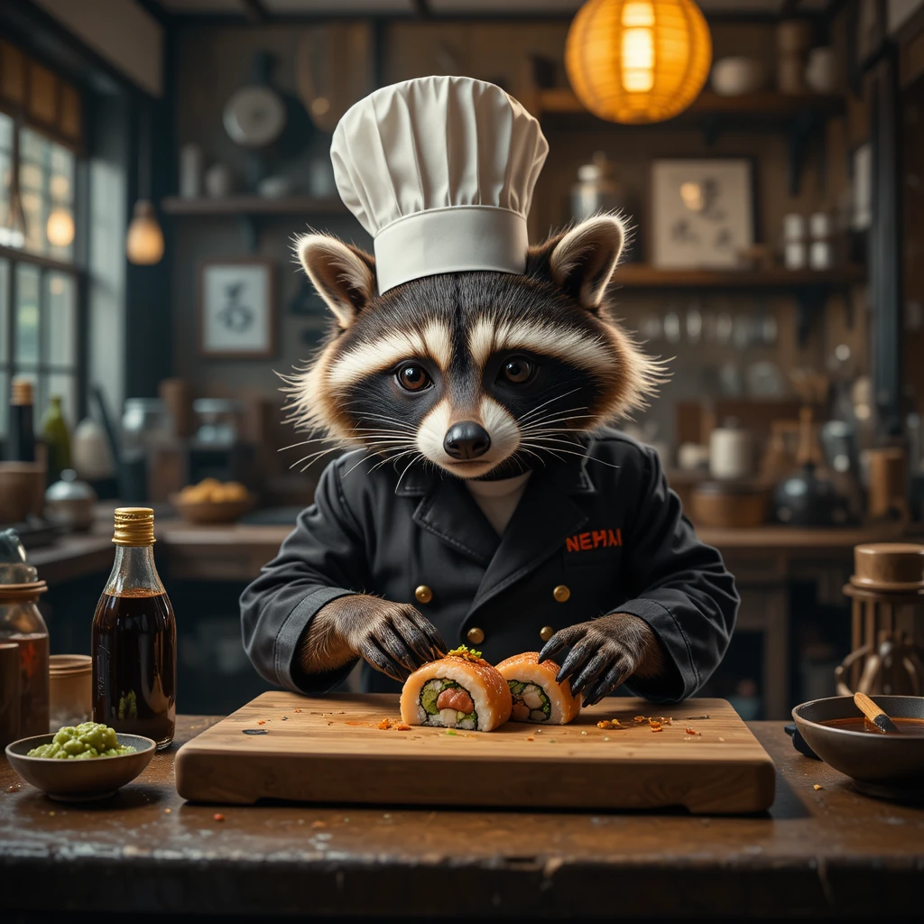 Guaxinim chef moldando nigiri minúsculo em cozinha de sushi