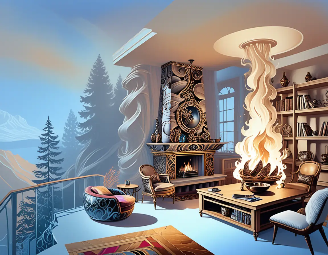 Line-Art-Studierzimmer voller Waldbrand-Gemälde