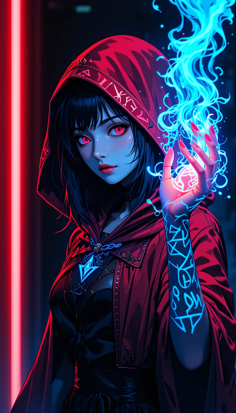 Anime-Mädchen mit roter Kapuze, leuchtenden Runen und magischen Flammen