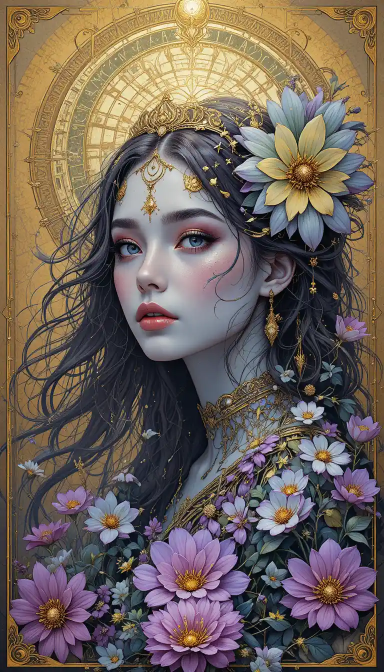 Fantasy girl surrounded by golden ratio floral harmony