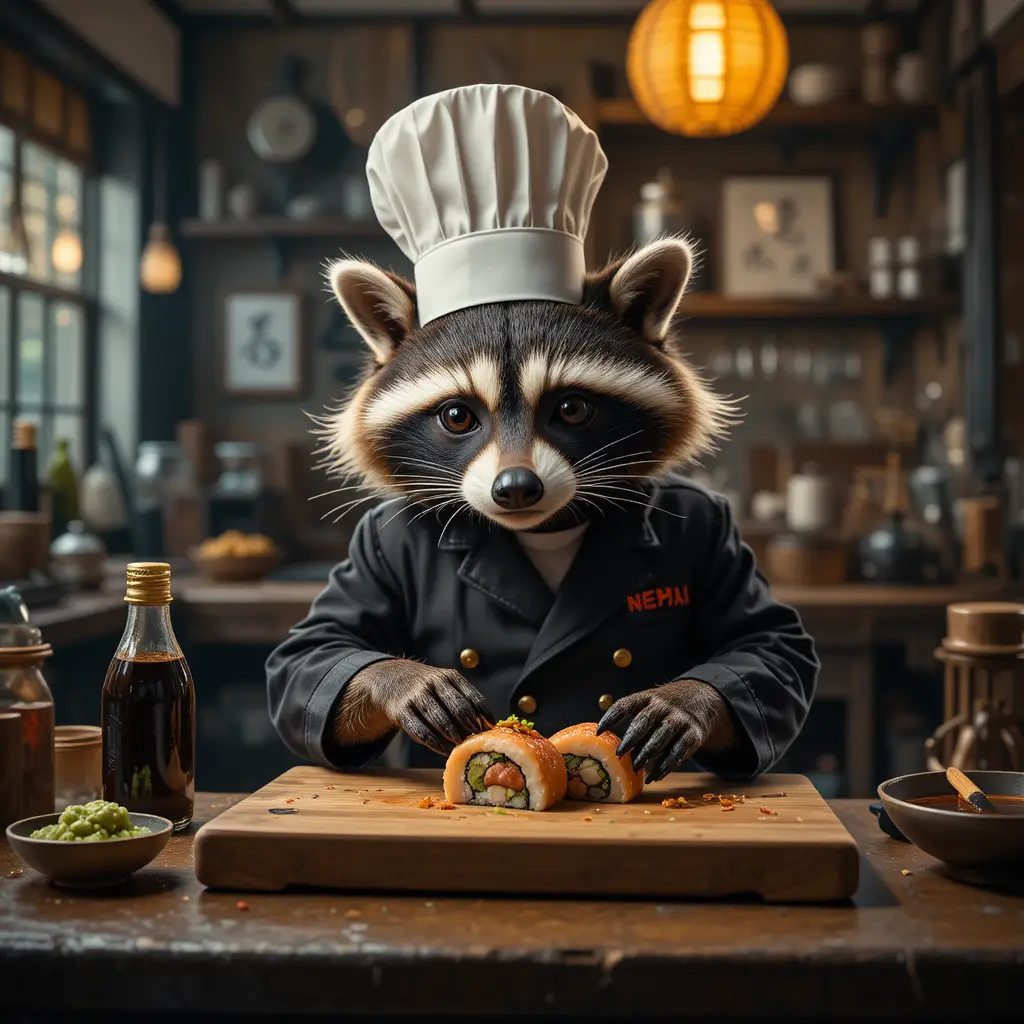 Mapache chef dando forma a diminuto nigiri en cocina de sushi